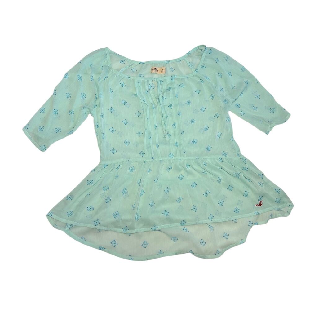 Hollister Peplum Teal Peasant Top Sheer Aquamarine Summer Flower Small